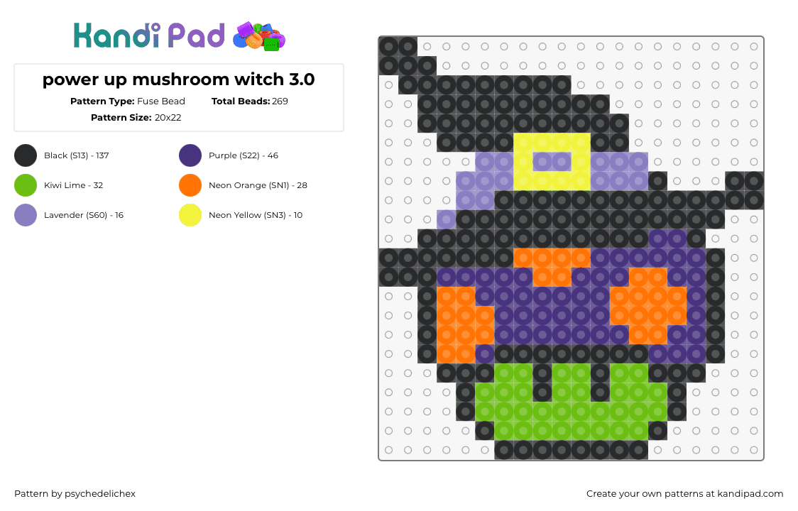 power up mushroom witch 3.0 - Fuse Bead Pattern by psychedelichex on Kandi Pad - mushroom,witch,hat,mario,nintendo,costume,halloween,black,purple,orange,green