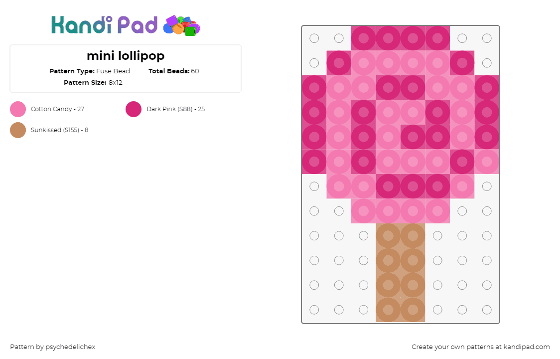 mini lollipop - Fuse Bead Pattern by psychedelichex on Kandi Pad - lollipop,sucker,candy,swirl,treat,pink