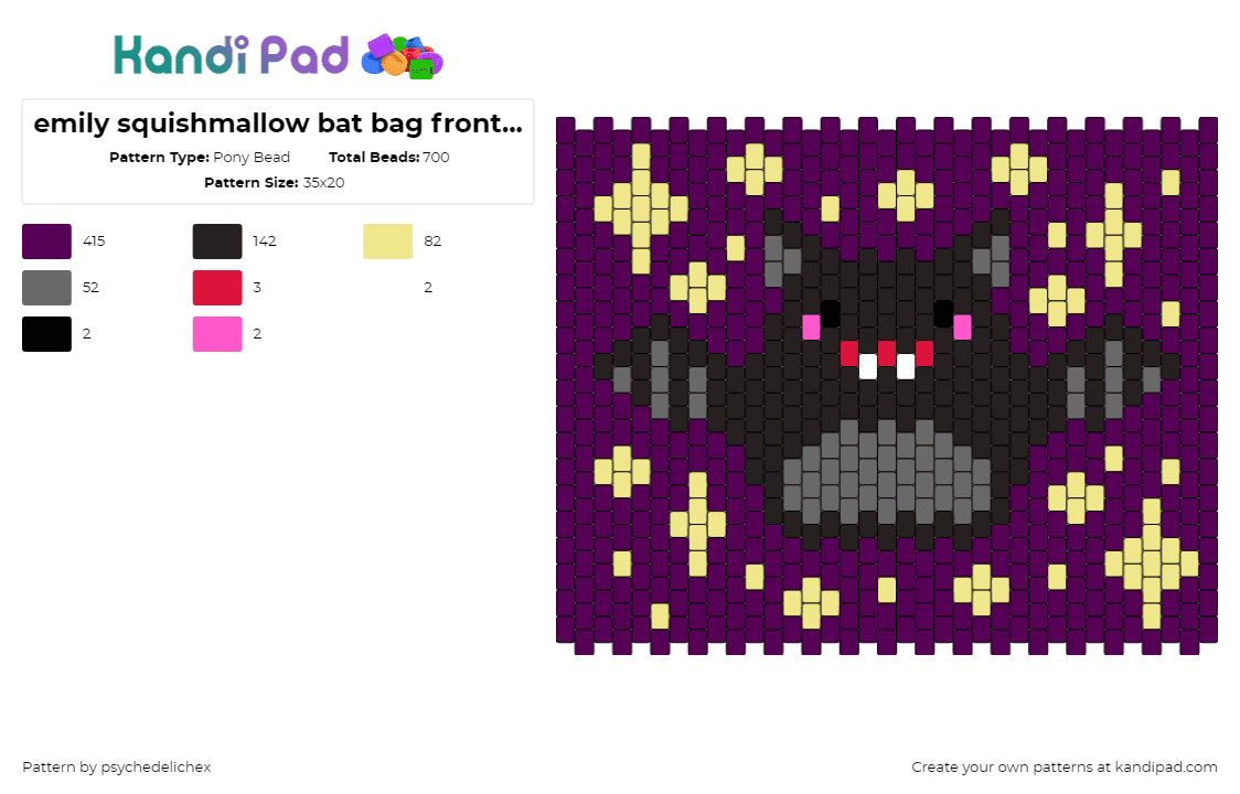 emily squishmallow bat bag front panel (remix) - Pony Bead Pattern by psychedelichex on Kandi Pad - squishmallow,bat,night,spooky,dark,stars,halloween,panel,bag,black,purple,yellow