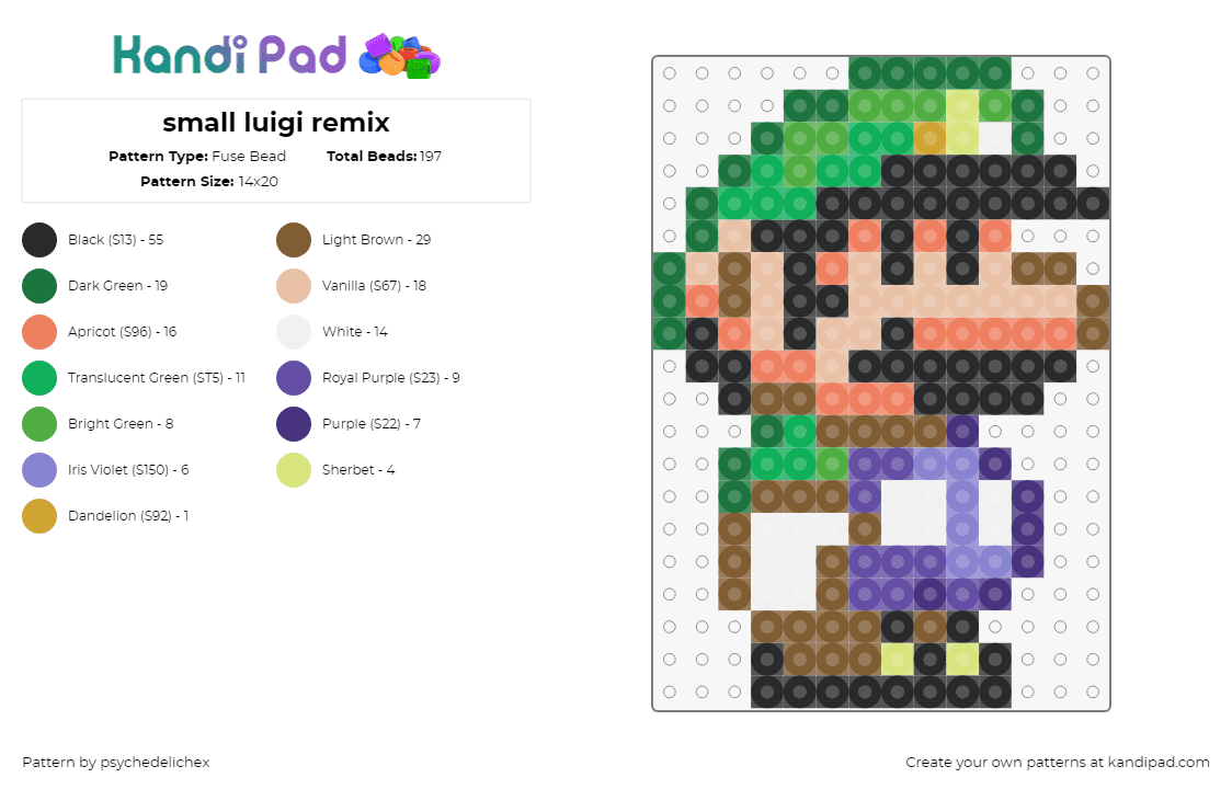 small luigi remix - Fuse Bead Pattern by psychedelichex on Kandi Pad - luigi,mario,nintendo,character,video game,purple,green,tan