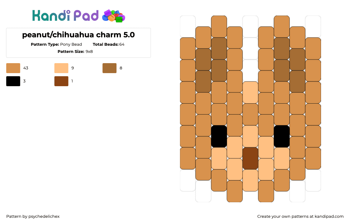 peanut/chihuahua charm 5.0 - Pony Bead Pattern by psychedelichex on Kandi Pad - chihuahua,dog,pet,animal,tan,brown