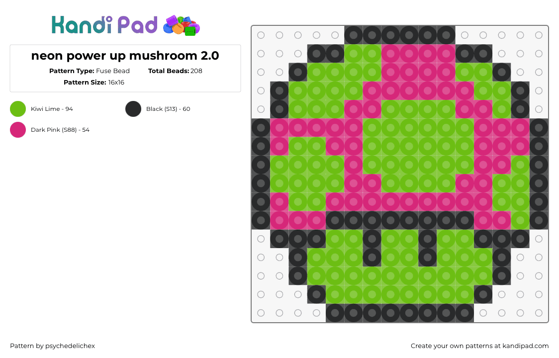 neon power up mushroom 2.0 - Fuse Bead Pattern by psychedelichex on Kandi Pad - mushroom,neon,mario,nintendo,pink,green