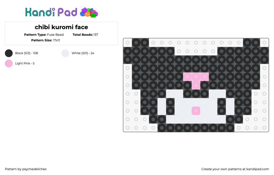 chibi kuromi face - Fuse Bead Pattern by psychedelichex on Kandi Pad - kuromi,sanrio,chibi,kawaii,head,cute,character,black,white