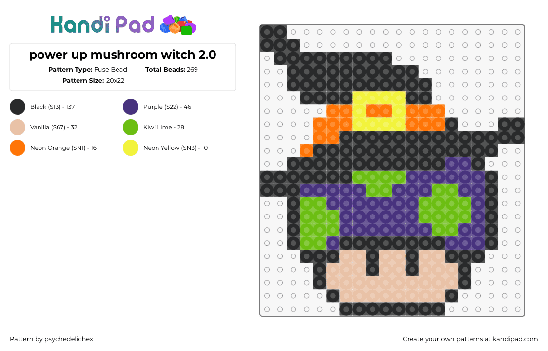 power up mushroom witch 2.0 - Fuse Bead Pattern by psychedelichex on Kandi Pad - mushroom,witch,hat,mario,nintendo,costume,halloween,black,purple,orange,green