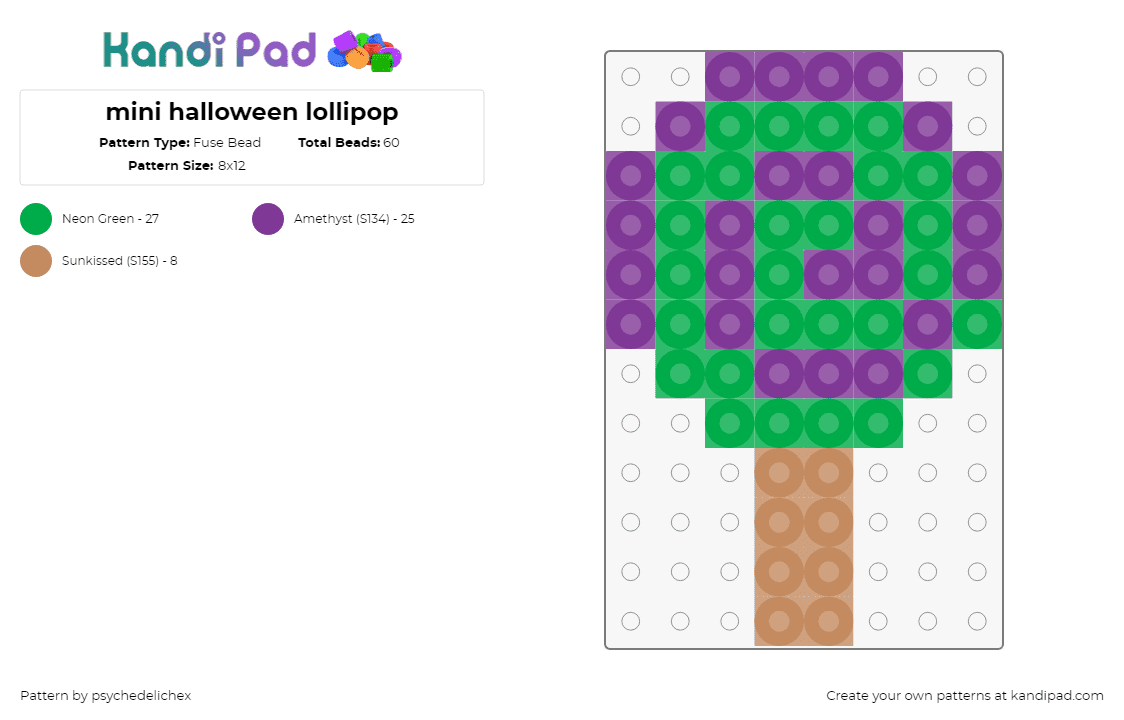 mini halloween lollipop - Fuse Bead Pattern by psychedelichex on Kandi Pad - lollipop,sucker,candy,swirl,halloween,treat,green,purple