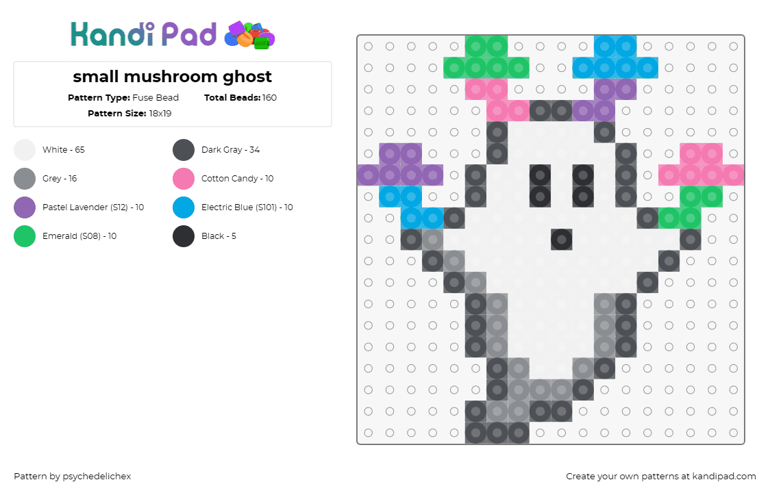 small mushroom ghost - Fuse Bead Pattern by psychedelichex on Kandi Pad - ghost,mushrooms,cute,colorful,spooky,white,pink,green