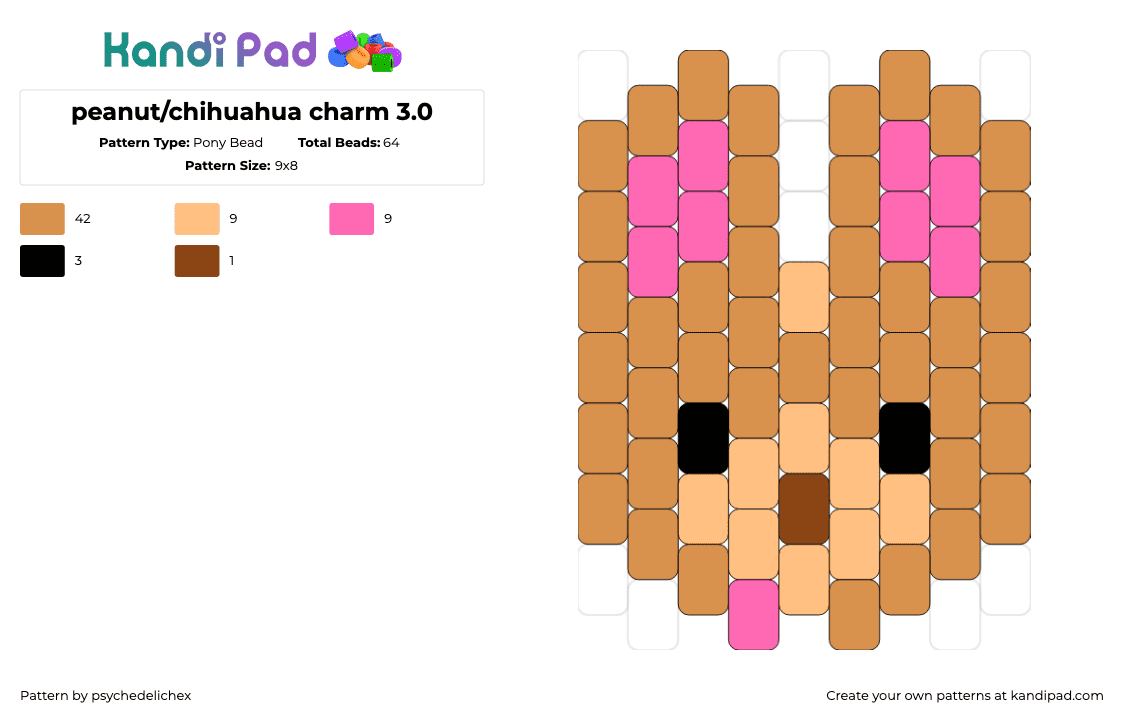 peanut/chihuahua charm 3.0 - Pony Bead Pattern by psychedelichex on Kandi Pad - chihuahua,dog,pet,animal,tan,brown,pink