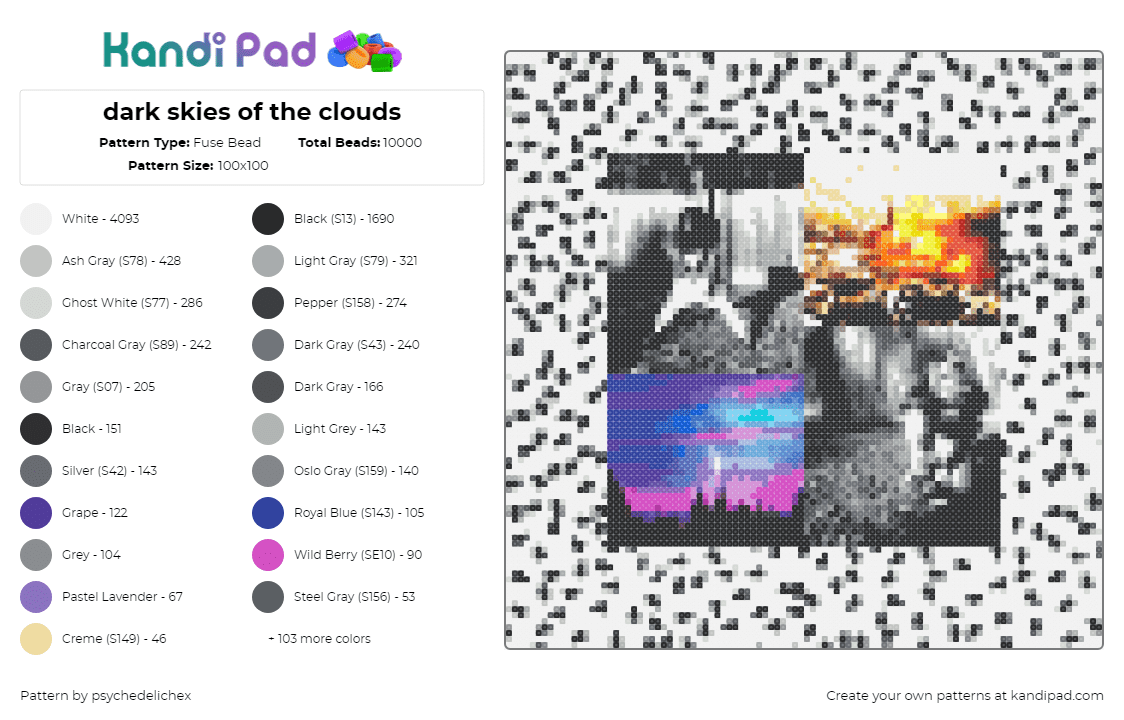 dark skies of the clouds - Fuse Bead Pattern by psychedelichex on Kandi Pad - dark skies,of the clouds,album,music,grayscale