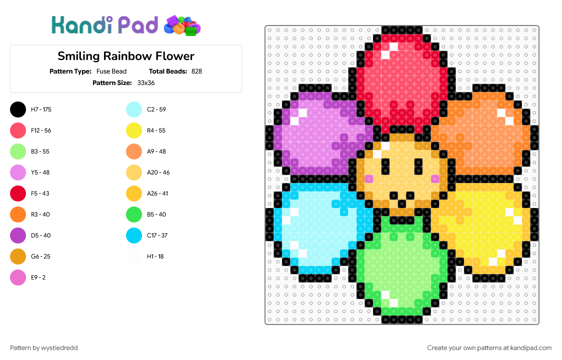 Smiling Rainbow Flower - Fuse Bead Pattern by wystiedredd on Kandi Pad - colorful, red, yellow