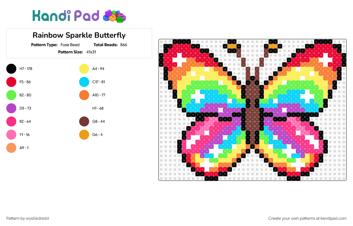 Rainbow Sparkle Butterfly - Fuse Bead Pattern by wystiedredd on Kandi Pad - colorful, pink, red, yellow