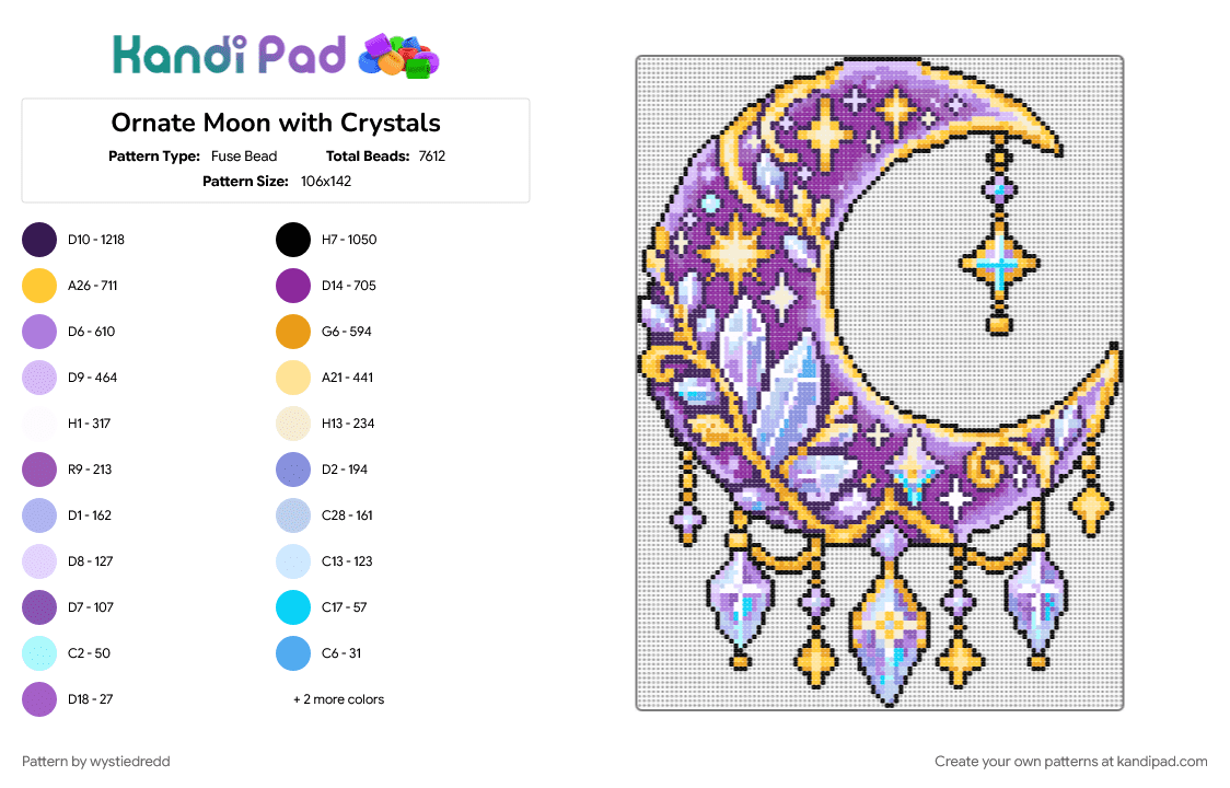 Ornate Moon with Crystals - Fuse Bead Pattern by wystiedredd on Kandi Pad - pink, purple, yellow