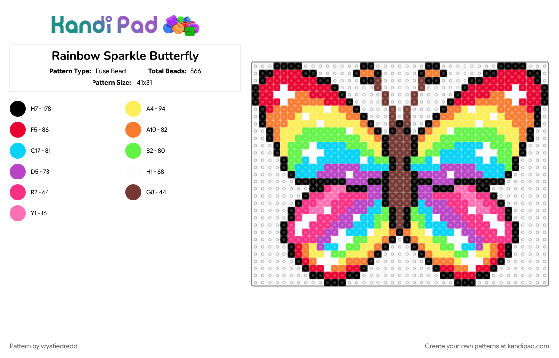 Rainbow Sparkle Butterfly - Fuse Bead Pattern by wystiedredd on Kandi Pad - colorful, pink, red, yellow
