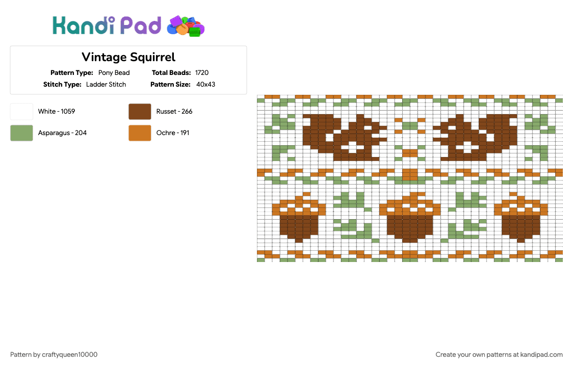 Vintage Squirrel - Pony Bead Pattern by craftyqueen10000 on Kandi Pad - acorn, animal, brown, cross stitch, nature, vintage, white