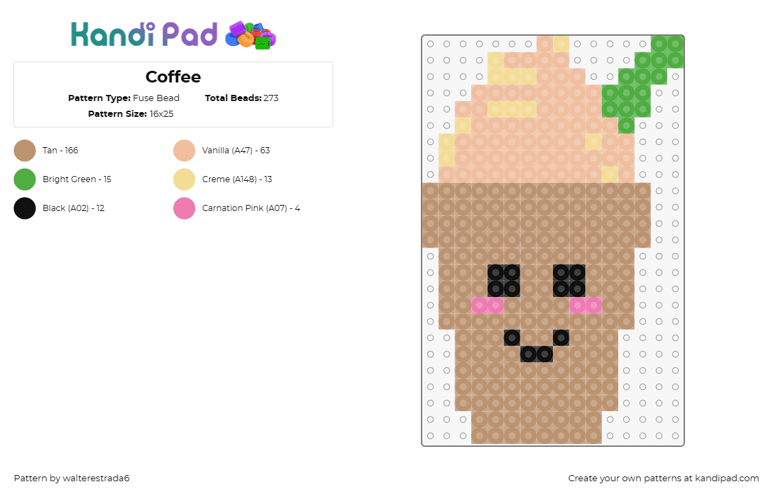 Coffee - Fuse Bead Pattern by walterestrada6 on Kandi Pad - coffee,drink,starbucks,smile,face,cup,whipped cream,cute,brown,tan