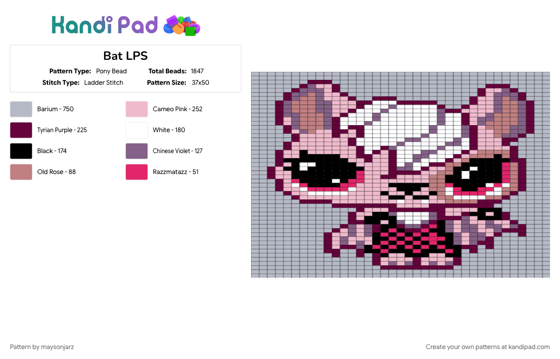 Bat LPS - Pony Bead Pattern by maysonjarz on Kandi Pad - bat, girly, lps, pink