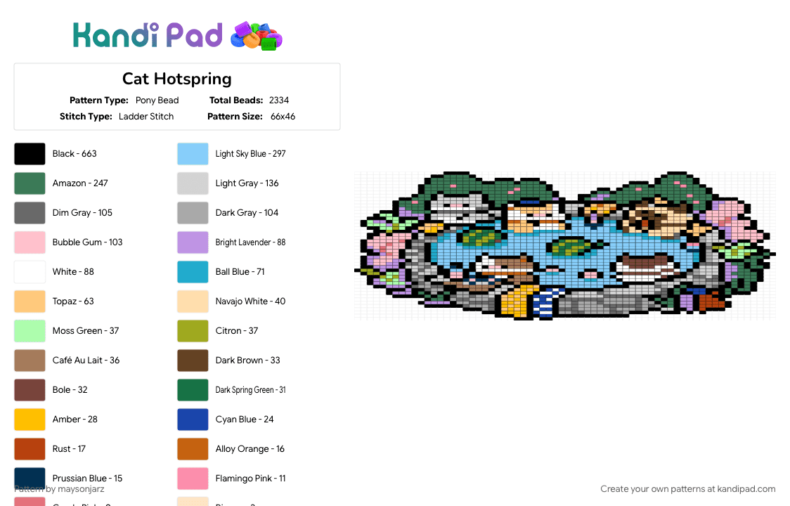 Cat Hotspring - Pony Bead Pattern by maysonjarz on Kandi Pad - cat, chilling, colorful, gray, light blue, nature, teal