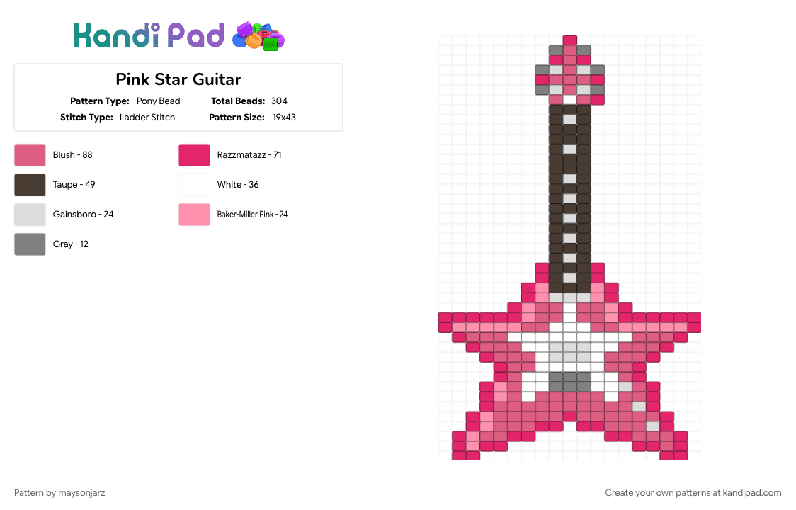 Pink Star Guitar - Pony Bead Pattern by maysonjarz on Kandi Pad - guitar, music, pink, star