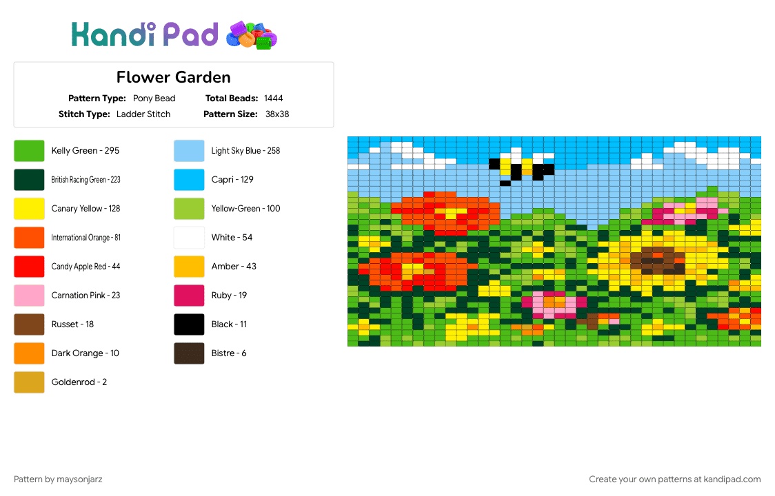 Flower Garden - Pony Bead Pattern by maysonjarz on Kandi Pad - bee, cotdgardens, flowers, garden, green, light blue, nature, tapestry, yellow