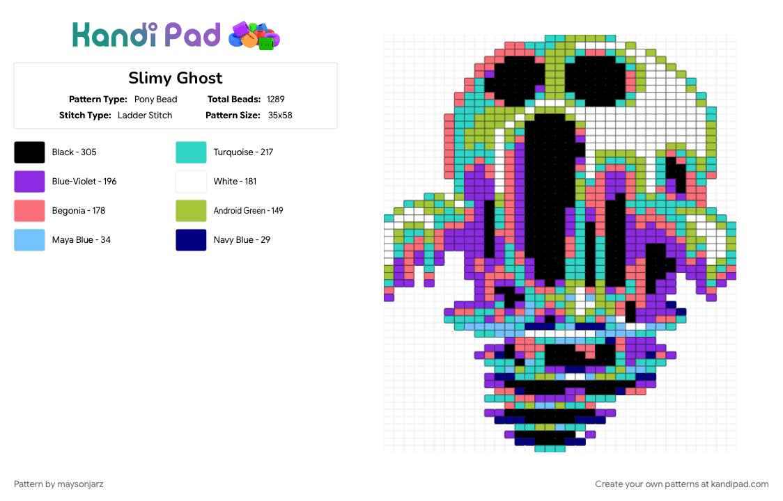 Slimy Ghost - Pony Bead Pattern by maysonjarz on Kandi Pad - colorful, cotdslimy, ghost, green, purple, red, teal