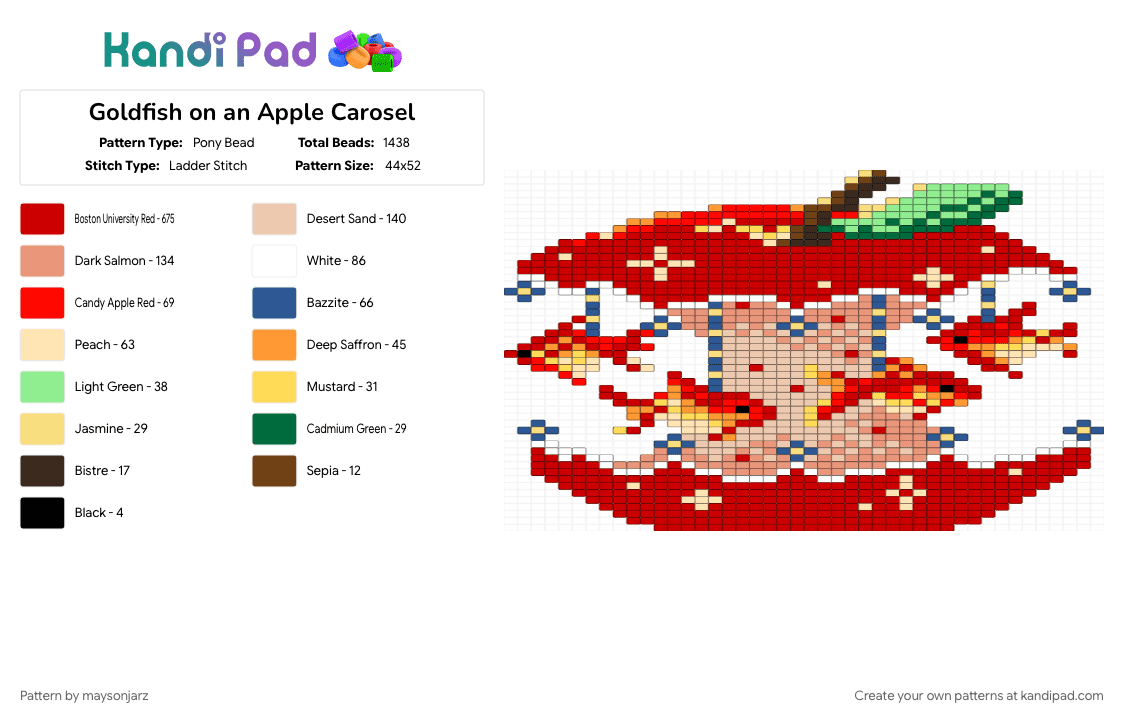 Goldfish on an Apple Carousel - Pony Bead Pattern by maysonjarz on Kandi Pad - apple, beige, carousel, goldfish, orange, red, stars
