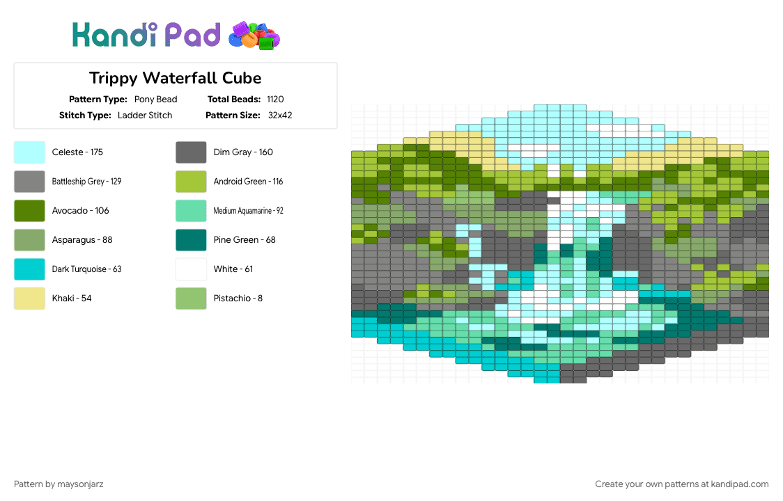 Trippy Waterfall Cube - Pony Bead Pattern by maysonjarz on Kandi Pad - gray, green, light blue, nature, trippy, water