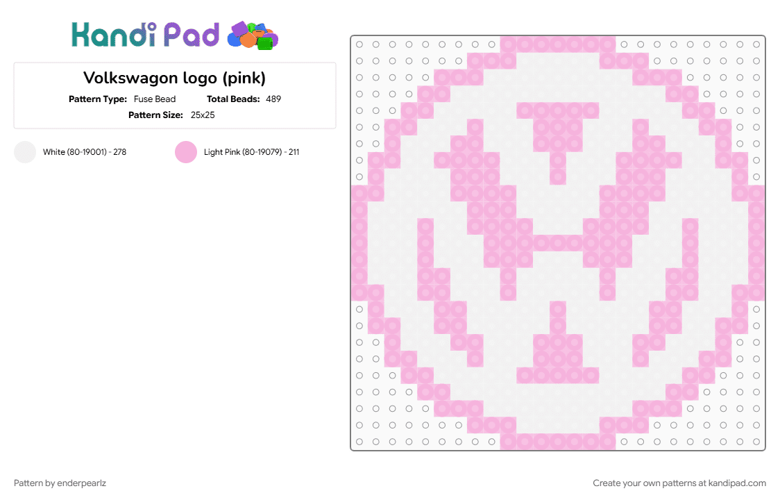 Volkswagon logo (pink) - Fuse Bead Pattern by enderpearlz on Kandi Pad - car lovers, ilikepink, logo, pink, volkswagen, white