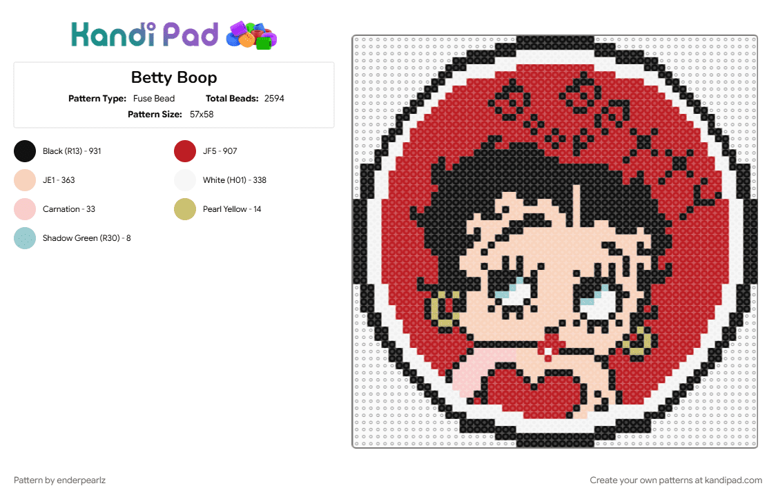 Betty Boop - Fuse Bead Pattern by enderpearlz on Kandi Pad - beige, betty boop, classic cartoons, cotdoldschoolcartoons, red