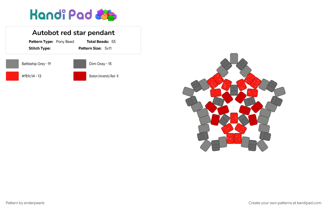 Autobot red star pendant (repost with better colors) - Pony Bead Pattern by enderpearlz on Kandi Pad - cotdsilver, gray, red, transformers