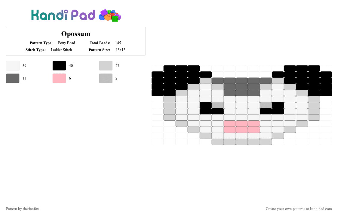 Opossum - Pony Bead Pattern by therianfox on Kandi Pad - white,gray