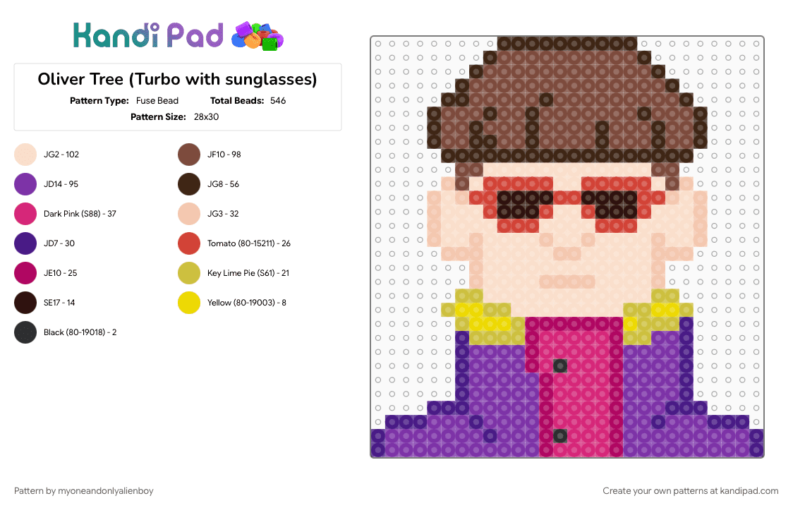 Oliver Tree (Turbo with sunglasses) - Fuse Bead Pattern by myoneandonlyalienboy on Kandi Pad - beige, brown, purple
