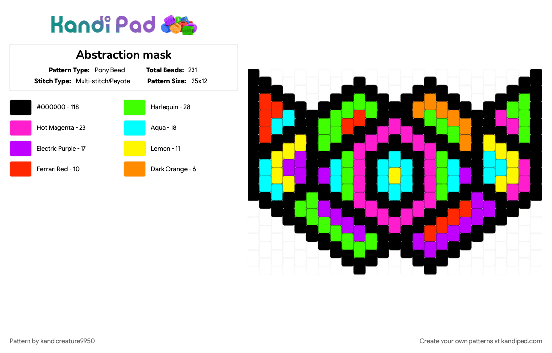 Abstraction mask - Pony Bead Pattern by kandicreature9950 on Kandi Pad - black, colorful, green, pink, purple