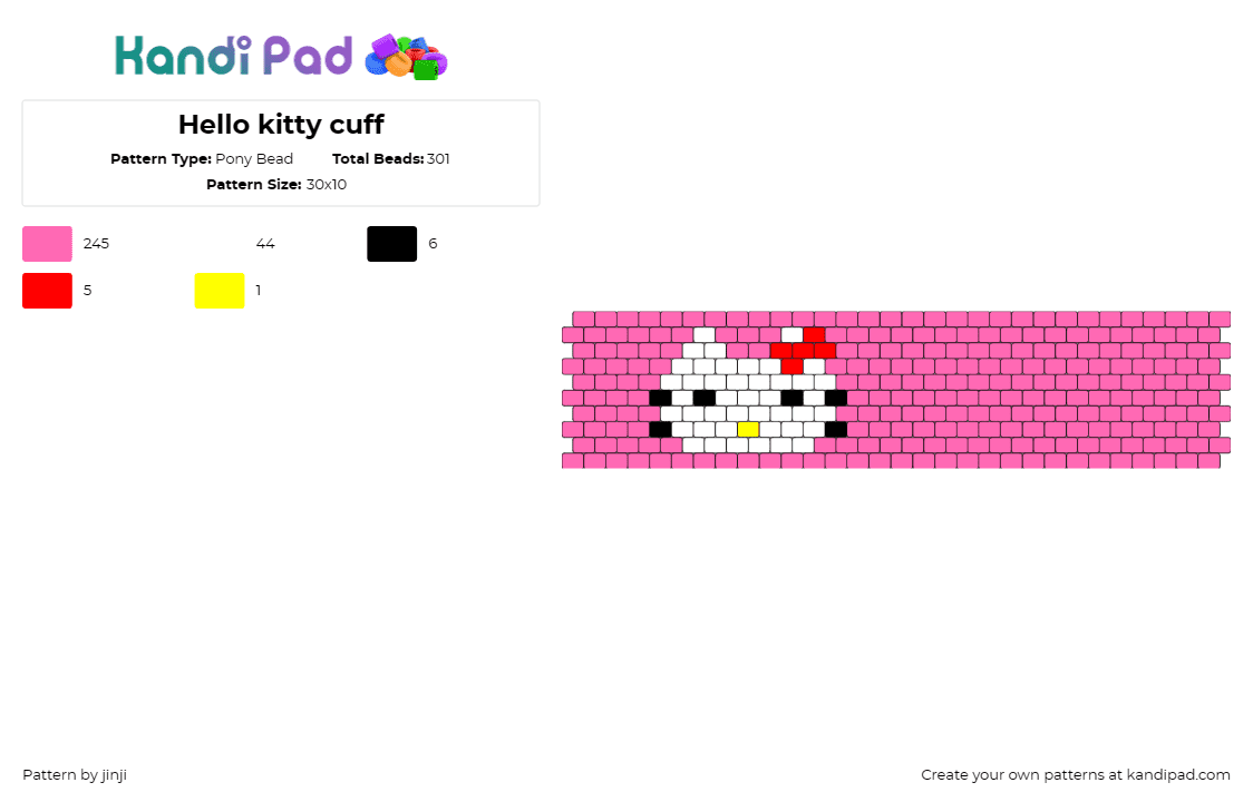 Hello kitty cuff - Pony Bead Pattern by jinji on Kandi Pad - hello kitty,sanrio,kawaii,cuff,cat,pink,white