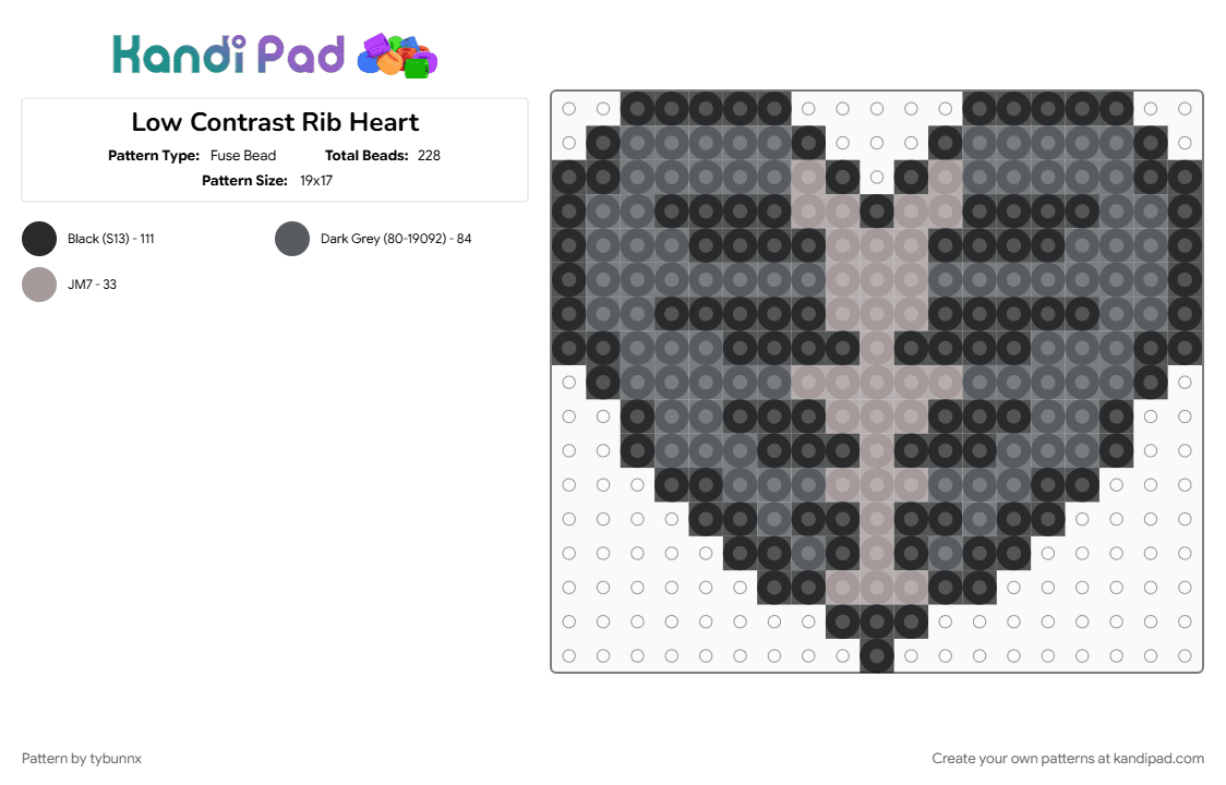 Low Contrast Rib Heart - Fuse Bead Pattern by tybunnx on Kandi Pad - black, cotdlowcontrast, gray