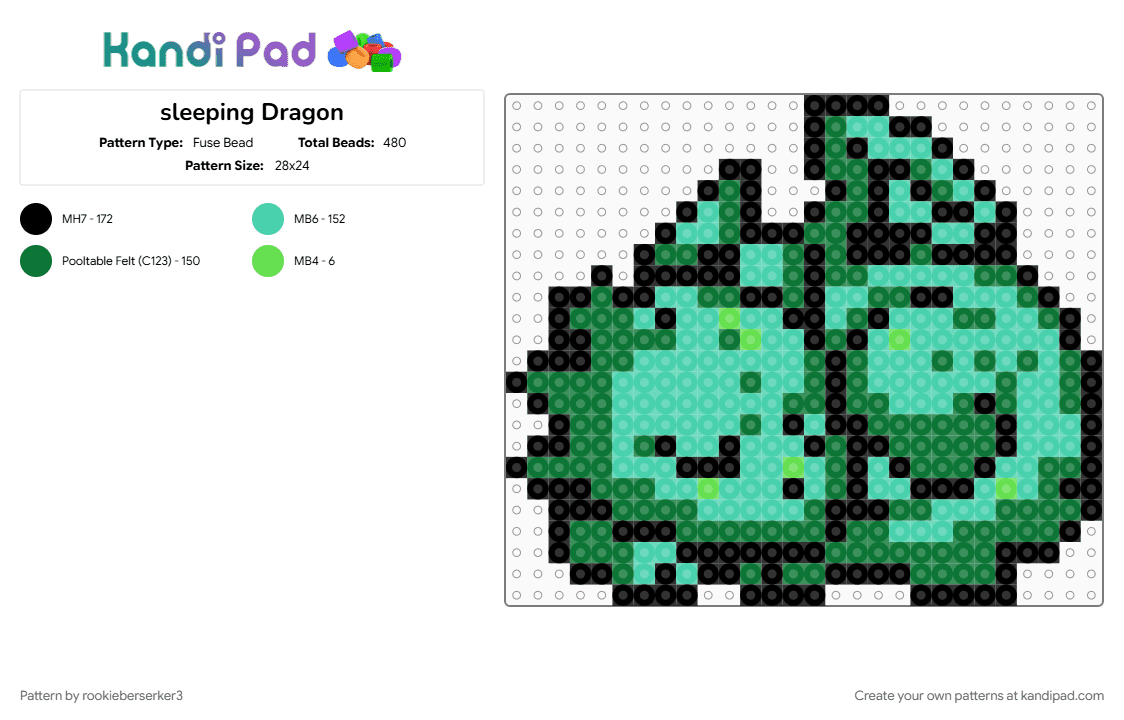 sleeping Dragon - Fuse Bead Pattern by rookieberserker3 on Kandi Pad - green, teal
