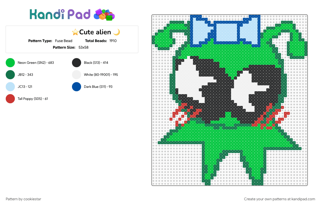 ⭐️Cute alien 🌙 - Fuse Bead Pattern by cookiestar on Kandi Pad - green, teal