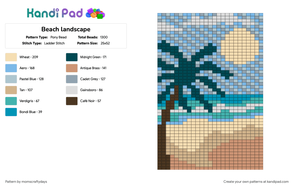 Beach landscape - Pony Bead Pattern by momscraftydays on Kandi Pad - beach, beige, light blue, ocean, palm tree, sun, waves