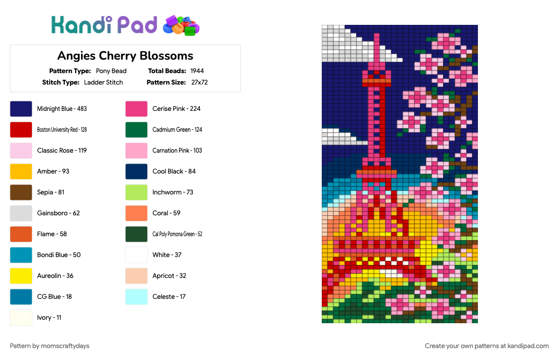 Angies Cherry Blossoms - Pony Bead Pattern by momscraftydays on Kandi Pad - green, pink, purple, red