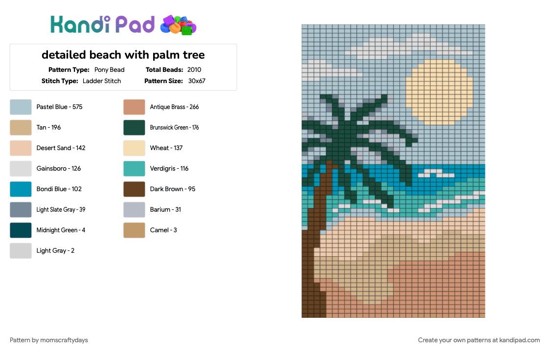 detailed beach landscape with palm tree - Pony Bead Pattern by momscraftydays on Kandi Pad - beach, beige, blue, landscape, light blue, nature, palm tree, panel, sand, waves