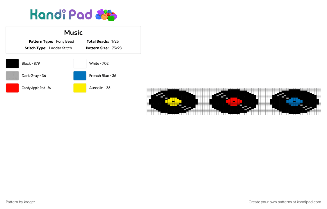 Music - Pony Bead Pattern by kroger on Kandi Pad - black, blue, colorful, white, yellow