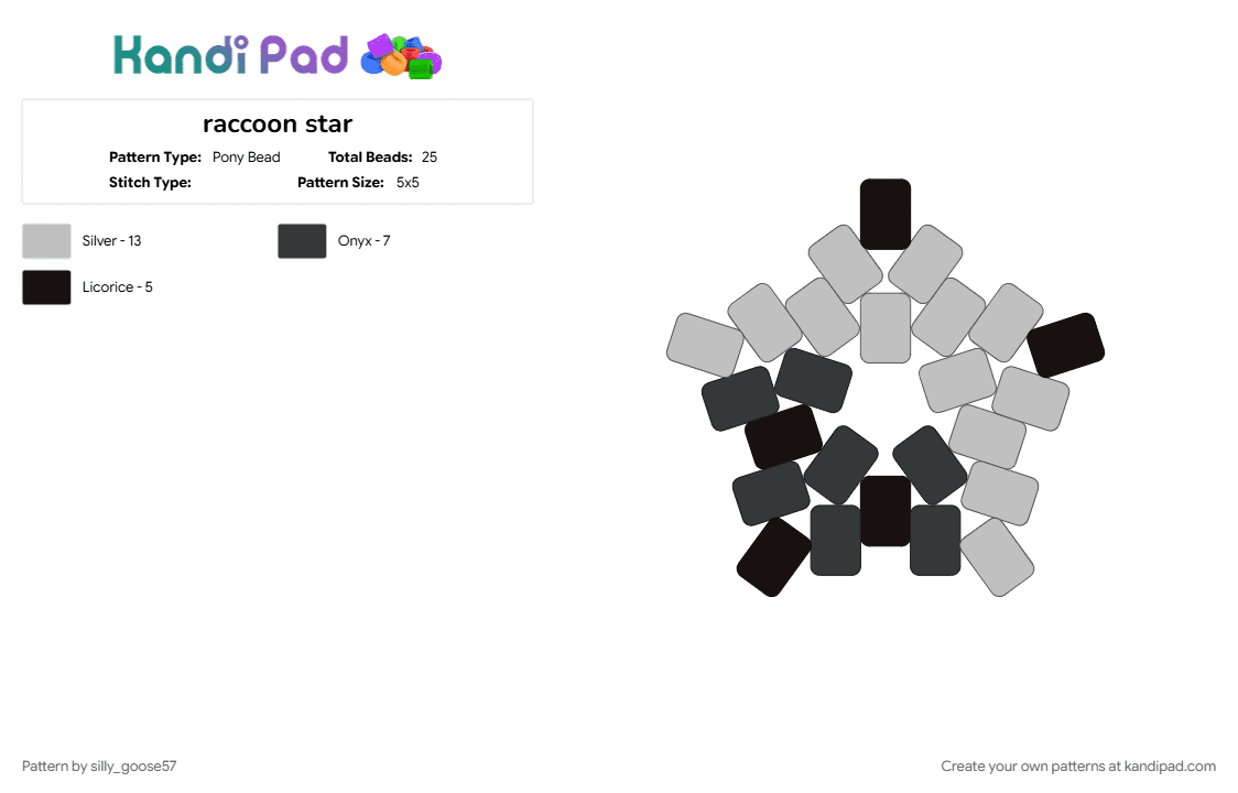 raccoon star - Pony Bead Pattern by silly_goose57 on Kandi Pad - animal, beige, black, cotdsilver, star