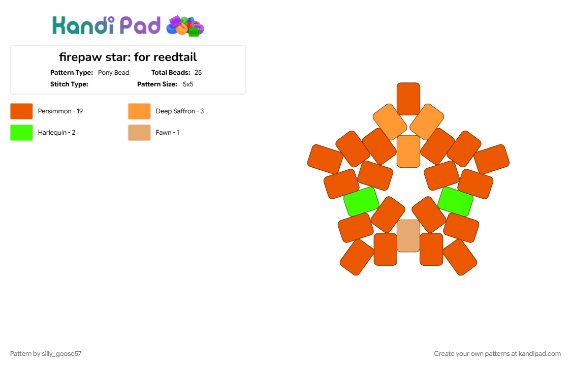 firepaw star: for reedtail - Pony Bead Pattern by silly_goose57 on Kandi Pad - animal, cat, orange, request, star, warrior cats