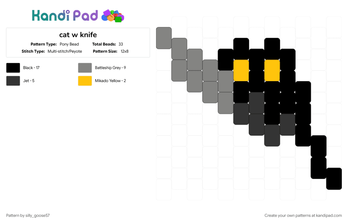 cat w knife - Pony Bead Pattern by silly_goose57 on Kandi Pad - animal, black, black cat, cat, charm, gray, knife