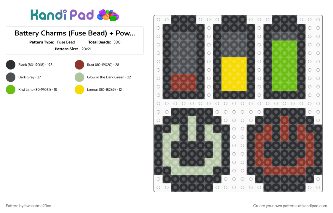 Battery Charms (Fuse Bead) + Power Buttons - Fuse Bead Pattern by itwasntme20xx on Kandi Pad - battery, beige, black, charms, gray, red