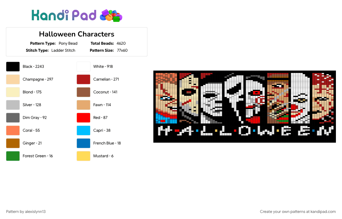 Halloween Characters - Pony Bead Pattern by alexislynn13 on Kandi Pad - black, character, colorful, halloween, horror, red, spooky, tan, white, yellow