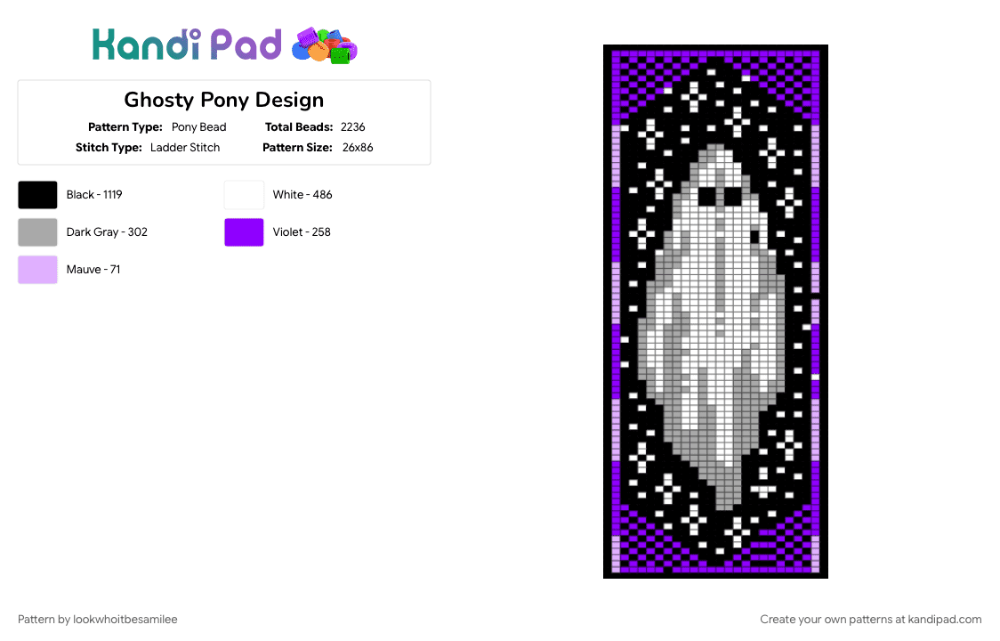 Ghosty Pony Design - Pony Bead Pattern by lookwhoitbesamilee on Kandi Pad - beige, black, ghost, purple