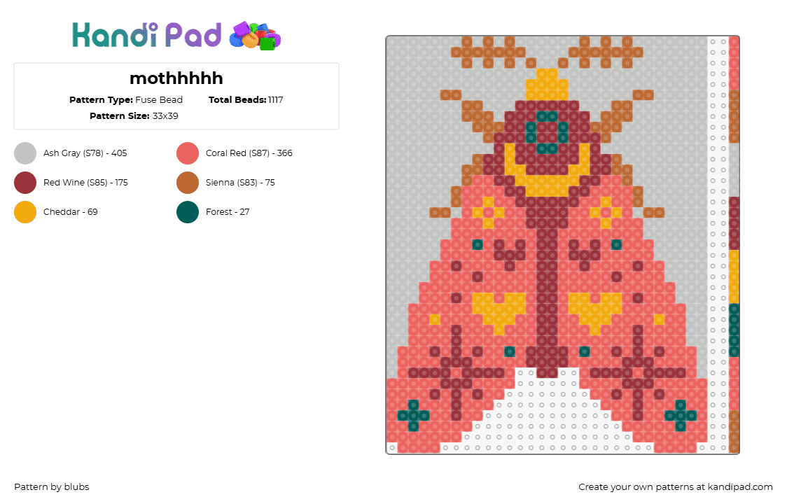 mothhhhh - Fuse Bead Pattern by blubs on Kandi Pad - moth,insect,winged,butterfly,pink,beige,yellow