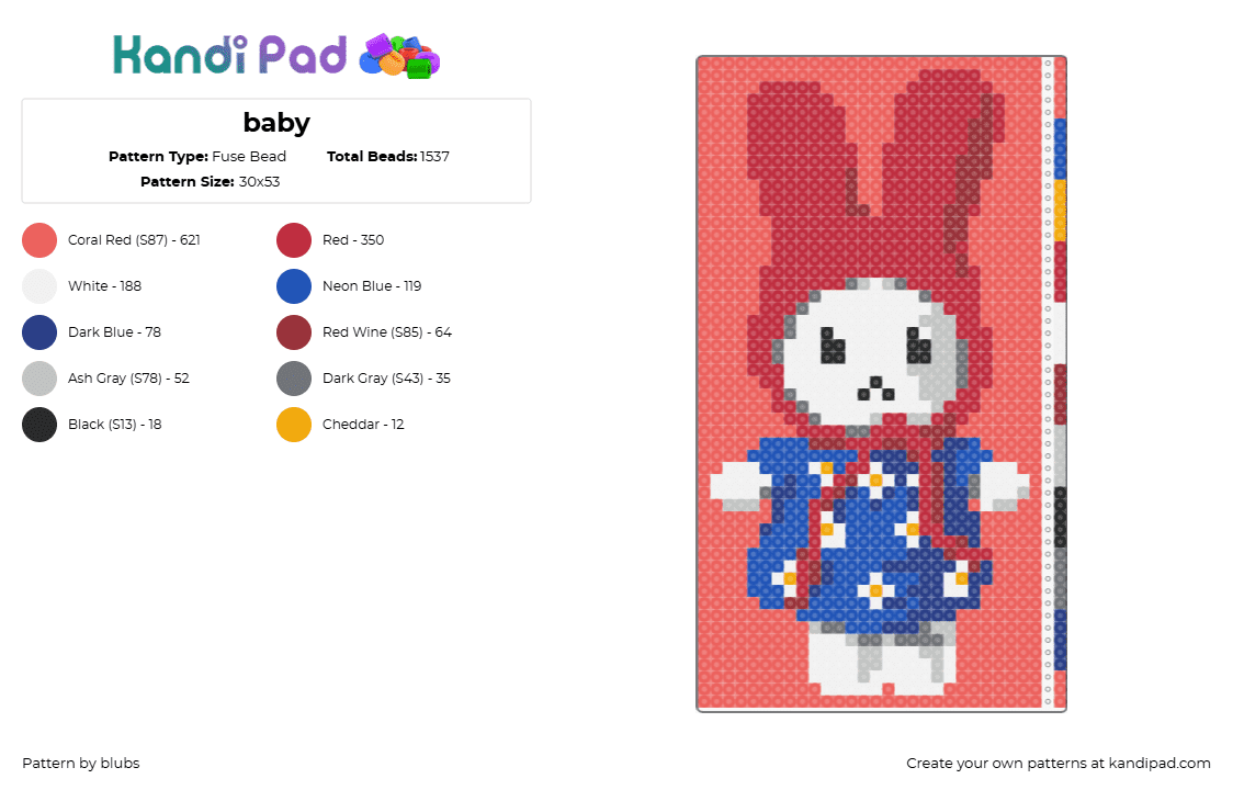 baby - Fuse Bead Pattern by blubs on Kandi Pad - miffy,bunny,rabbit,character,story,children,panel,red,blue,white