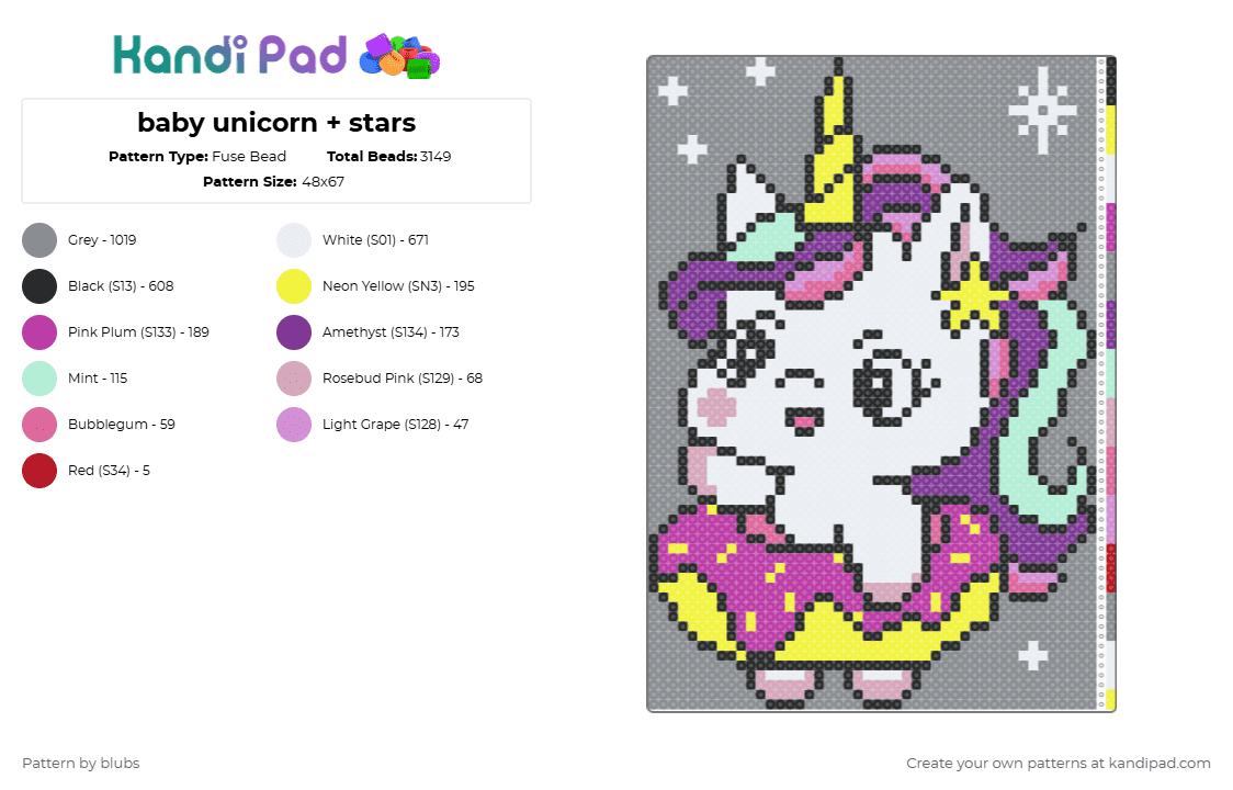 baby unicorn + stars - Fuse Bead Pattern by blubs on Kandi Pad - unicorn,donut,panel,fantasy,cute,baby,animal,pink,gray