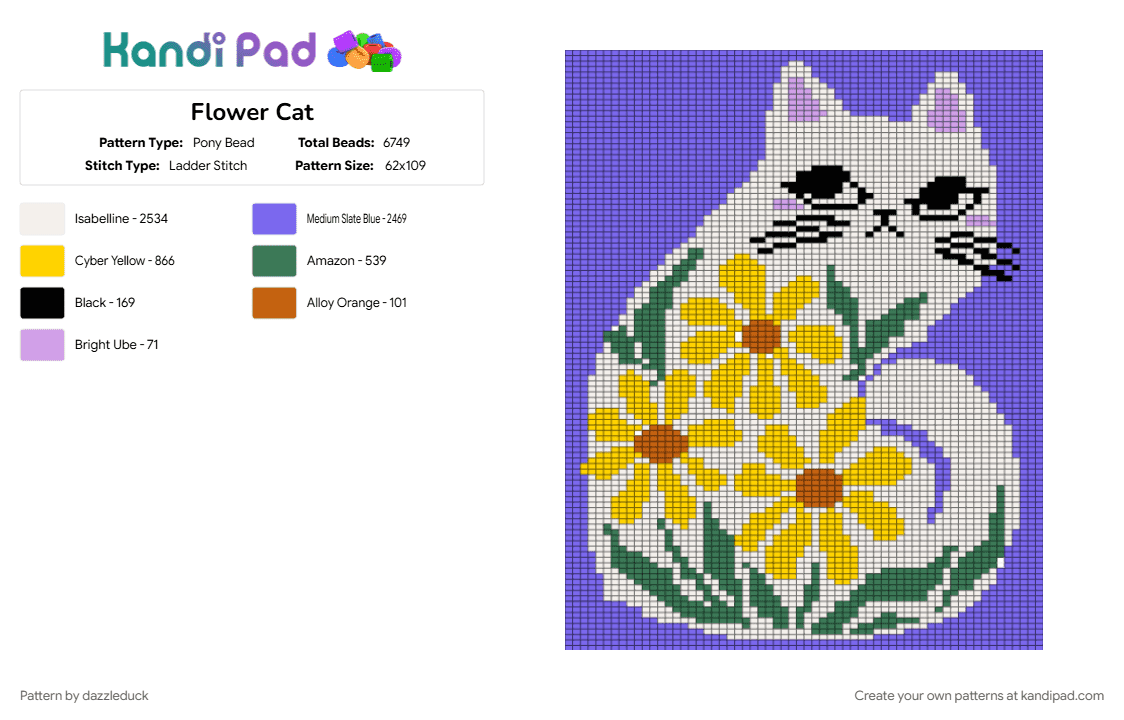 Flower Cat - Pony Bead Pattern by dazzleduck on Kandi Pad - blue, yellow