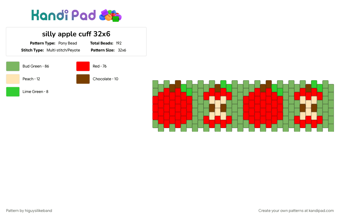 silly apple cuff 32x6 - Pony Bead Pattern by higuysilikeband on Kandi Pad - green, red